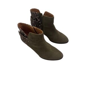 Vionic Naomi Snake-Print Suede Boots in the "Olive" color